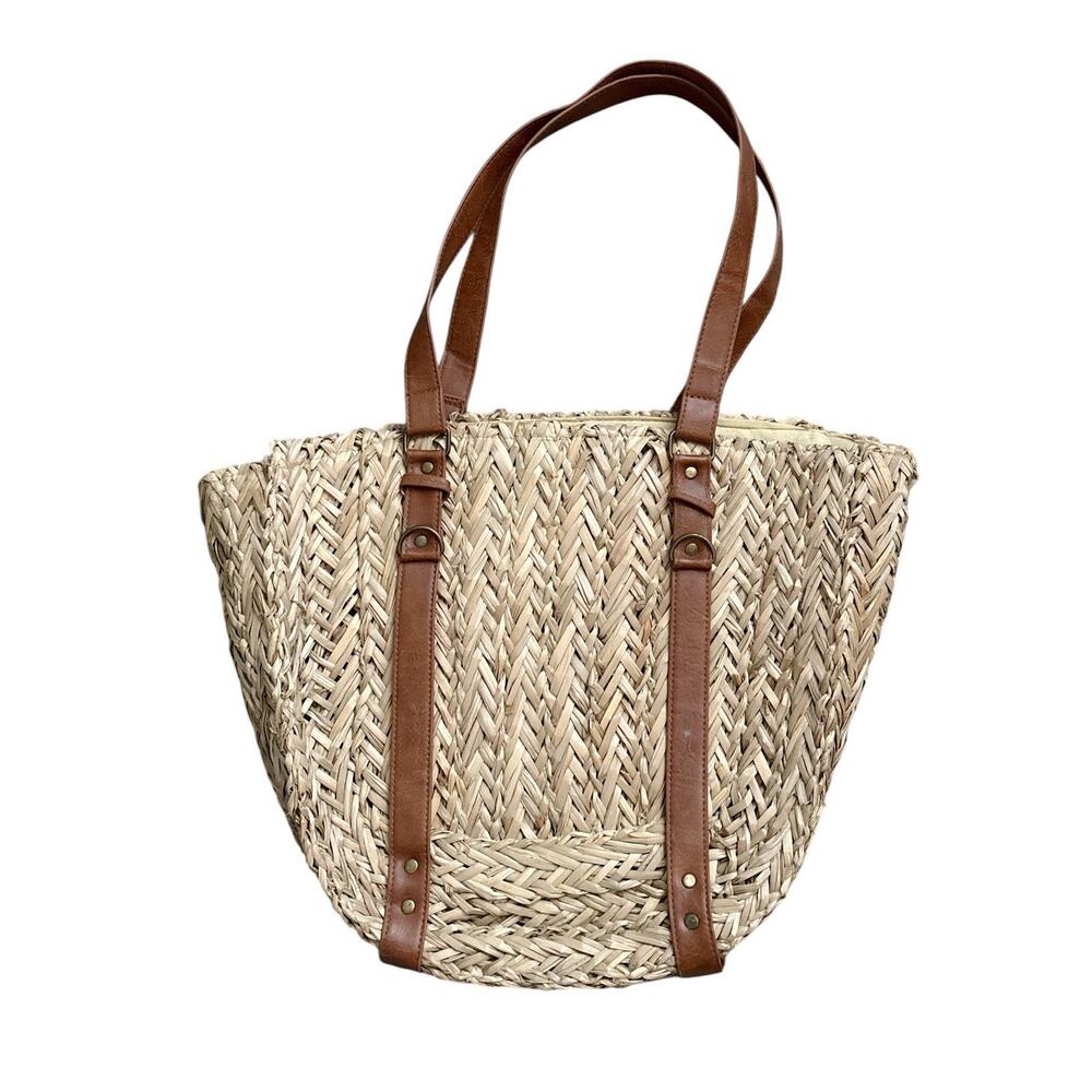 Bay Sky Straw Woven Tote Bag Beige Brown Faux Leather Handles Beach Boho Large